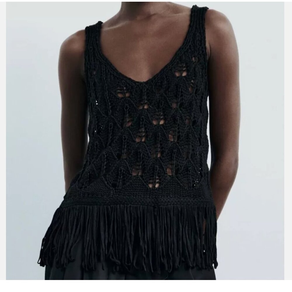 NWT ZARA Fringed Knit Tank-Top w/ Wide Straps & V-Neck Black 3991/114 Size S